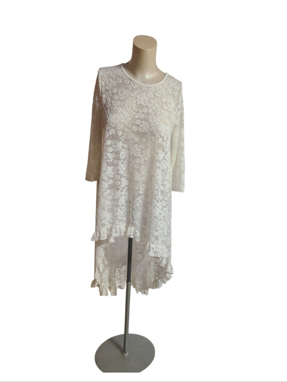 Ivory Lace Hi-Low Long Sleeve Tunic Top Dress Sz S Made in USA